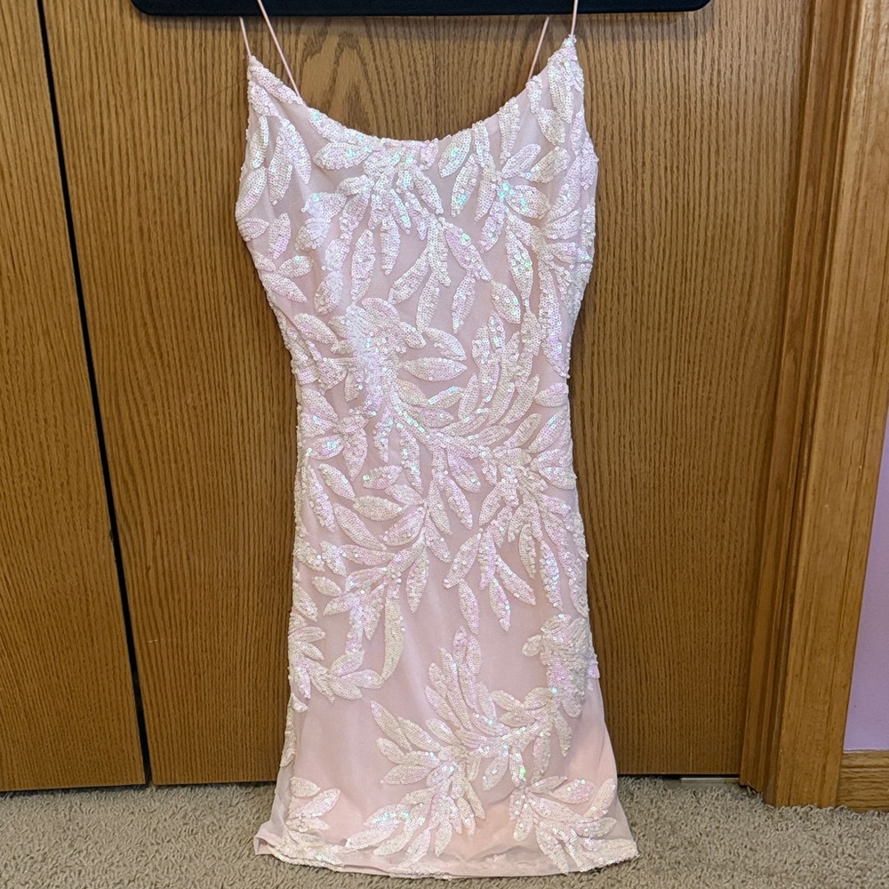 Windsor Pink Sequin Leaf-Embellished Mini Dress
